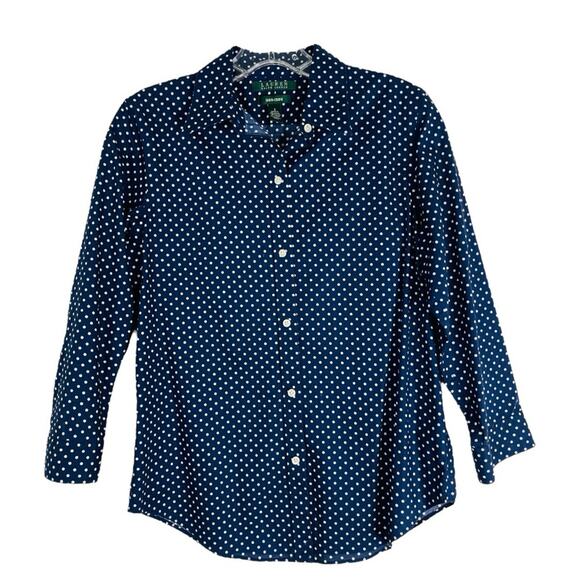 Ralph Lauren blue white polka dot preppy coastal button front top small - Picture 1 of 5